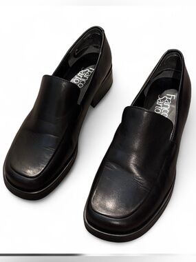 Franco Sarto Bocca Black Leather Slip On Loafers Block Heel Shoes